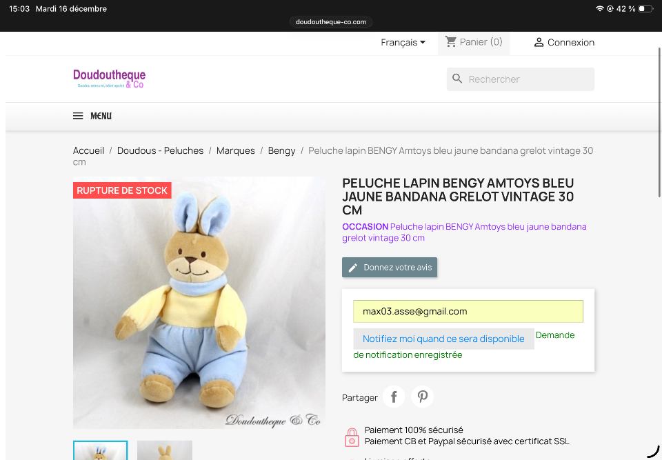 Recherche du doudou 5581 Lapin Bengy Amtoys