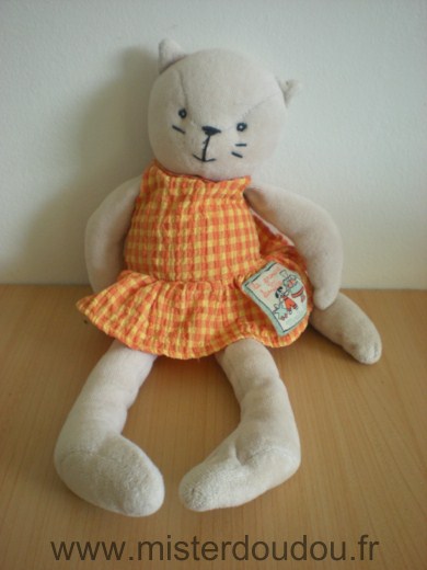 Moulin roty Chat Agathe , gris robe vichy jaune orange - Très bon état