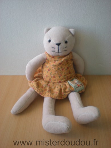 Moulin roty Chat Beige roge orange motifs fleurs - Très bon état