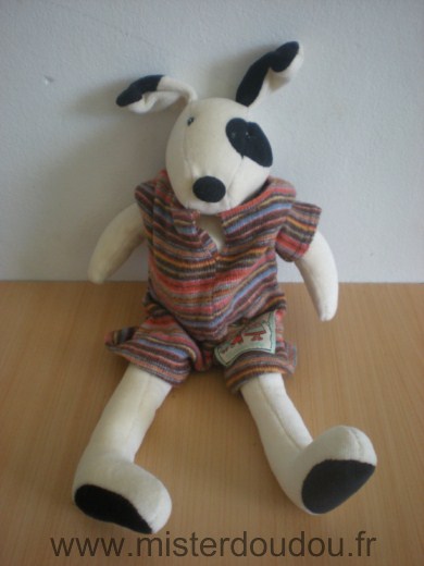 Moulin roty Chien Blanc noir habit rayé marron orange bleu - Très bon état