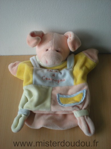 Doudou et compagnie Cochon Jaune bleu vert rose - Très bon état