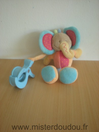 Nattou Eléphant Rose bleu orange avec pince bleue - Très bon état