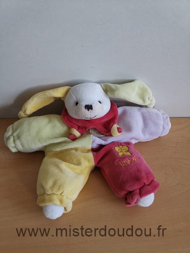 Doudou et compagnie Lapin Lapinou semi plat vert mauve rouge jaune - Très bon état