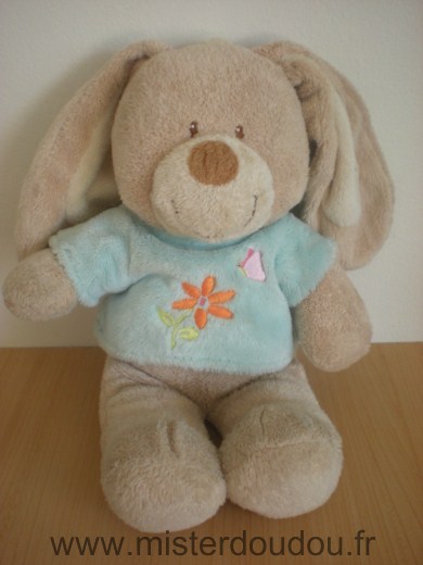 Tex Lapin Beige tshirt bleu avec fleur et papillon brodés - Très bon état