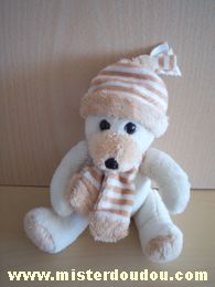 Afibel Ours Ecru bonnet écharpe rayés écru marron - Très bon état