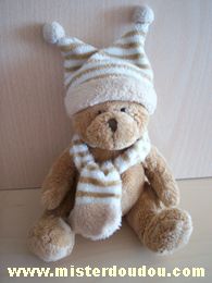 Afibel Ours Marron bonnet et écharpe rayés blanc marron - Très bon état