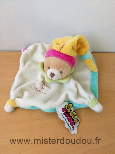 Doudou et compagnie Ours Blanc bleu turquoise bonnet jaune - Très bon état