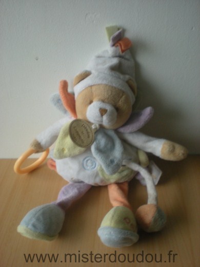 Doudou et compagnie Ours Blanc jambes mauve orange anneau rose à la main - Très bon état