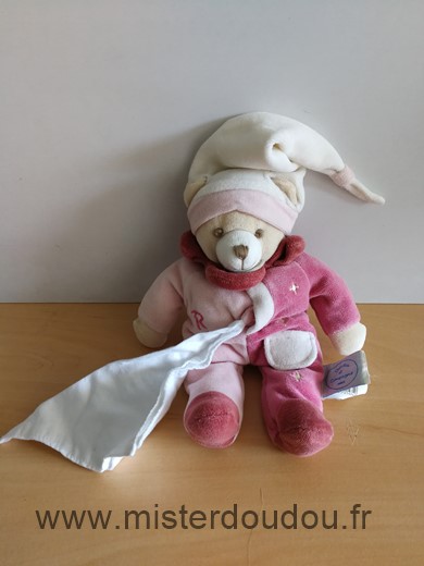 Doudou et compagnie Ours Rose mouchoir blanc - Très bon état