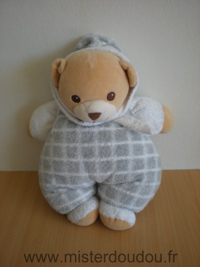 Nounours Ours Blanc carreau gris capuche blanche - Très bon état