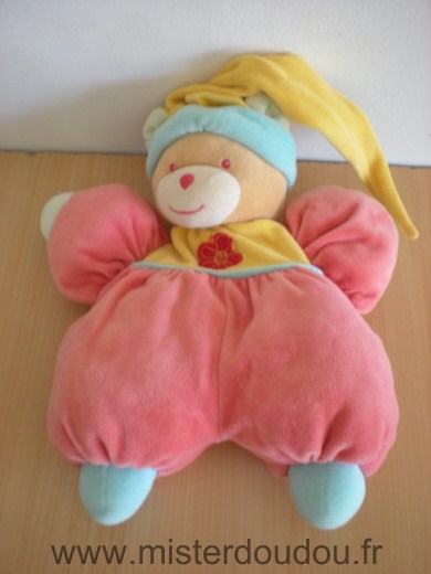 Nounours Ours Rose jaune fleur rouge bonnet jaune - Très bon état