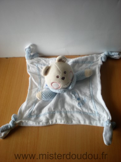 Nounours Ours Tissus blanc bleu brode bebe - Très bon état