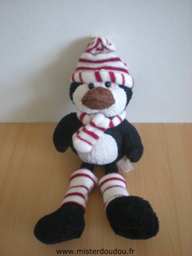 Marque Inconnue Pingouin Noir blanc bonnet echarpe rayés rouge blanc - Très bon état