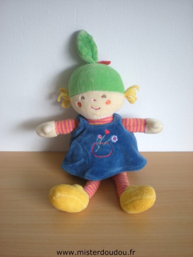 Marque Inconnue Poupée Rayé orange rouge robe bleue bonnet vert - Très bon état