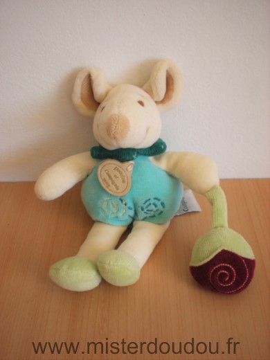 Doudou et compagnie Souris Filousine bleu tenant fraise - Très bon état