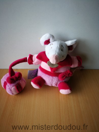 Doudou et compagnie Souris Rose mauve blanc tenant petit cadeau graines de doudou - Très bon état