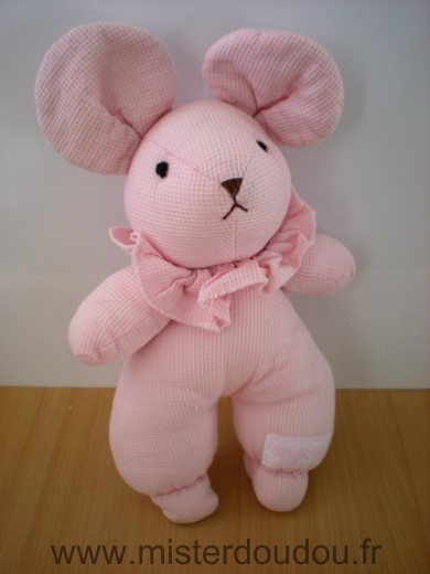 Nounours Souris Rose col rose en tissus - Très bon état